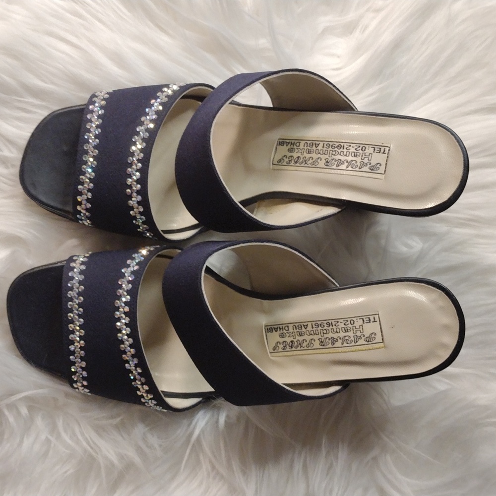 Dressy slip on block heeled sandals handmade in Abu Dhabi black with bling - Picture 3 of 9